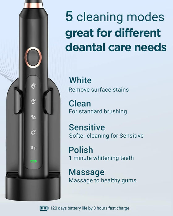 Sonic Electric Toothbrush for Adults - Rechargeable Electric toothbrush with 8 Brush Heads & Travel Case,Teeth Whitening , Power Electric Toothbrush with Holder, 3Hours Charge for 120 Days - Black