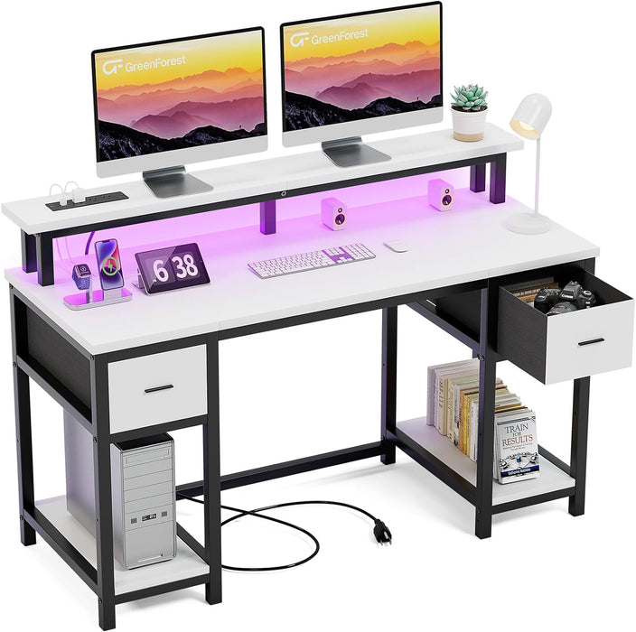 GreenForest Computer Desk with 2 Drawers, 50 inch Home Office Desk with LED Lights and Power Outlets, Gaming Desk with Monitor Stand and Storage Shelves, White