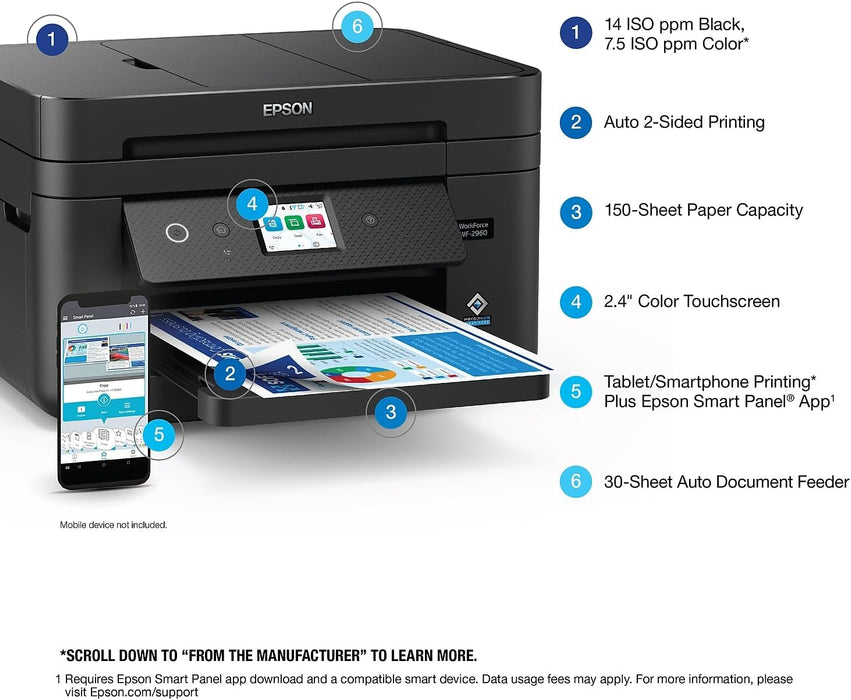 Epson Workforce WF-2960 Wireless All-in-One Printer with Scan, Copy, Fax, Auto Document Feeder, Automatic 2-Sided Printing, 2.4" Touchscreen Display, 150-Sheet Paper Tray and Ethernet ,Black