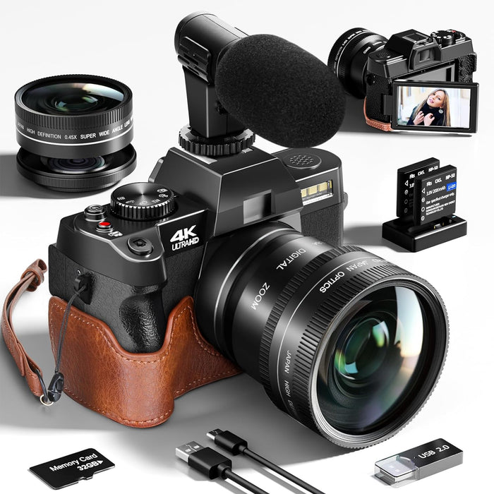 Digital Camera for Photography and Video, 4K 48MP Vlogging Camera for YouTube with 180° Flip Screen, 16X Digital Zoom, 52mm Wide Angle, Leather Hold & Strap, 2 Batteries, 32GB TF Card (S100, Black)