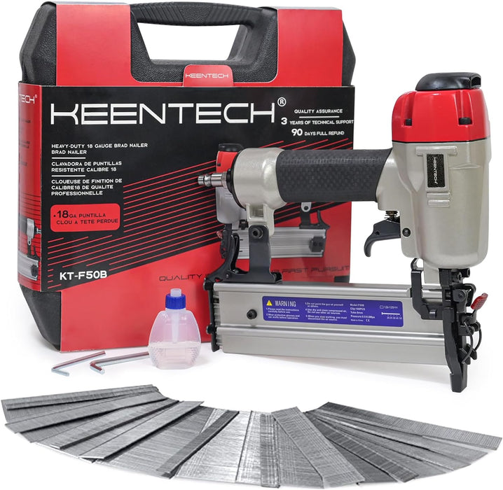 Pneumatic Brad Nailer, 18 Gauge, Accepts 3/8-Inch to 2-Inch Brad Nails, Nail Gun with 3000pcs Nails and Carrying Case for Framing, Woodworking, Carpentry and DIY Project, Red (KT-F50B)