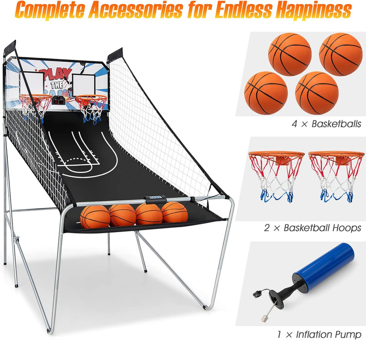 Goplus Foldable Dual Shot Basketball Arcade Game, Basketball Hoop Game w/Electronic Scoring, 8 Game Modes, 4 Balls, Indoor Outdoor Electronic Basketball Game Machine for Kids Adults (White+Blue)