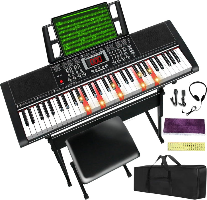 61 Key Keyboard Piano for Beginner Electric Keyboard Piano for Beginner/Professional with Stand Bench Headphones Piano Cover Bag Lighted Keyboard LED Screen Sheet Music Stand Microphone