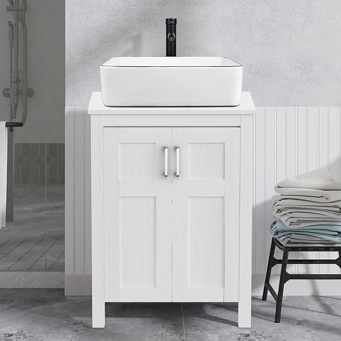 YOURLITE 24" Bathroom Vanity with Sink Combo,White Bathroom Vanity and Sink Combo with Faucet & Pop Up Drain Set,Traditional Vanity with White Ceramic Sink Bathroom Sink