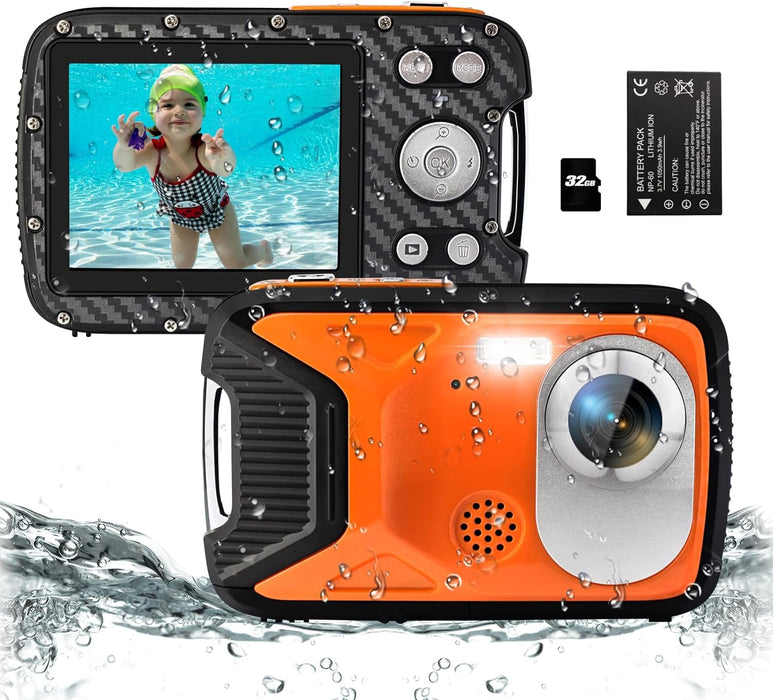 16FT Underwater Camera 30MP Waterproof Digital Camera with 32G Card and Rechargeable Battery, 18X Zoom Point and Shoot Camera for Boys Girls Children Teens Snorkeling Swimming Vacation(Orange)