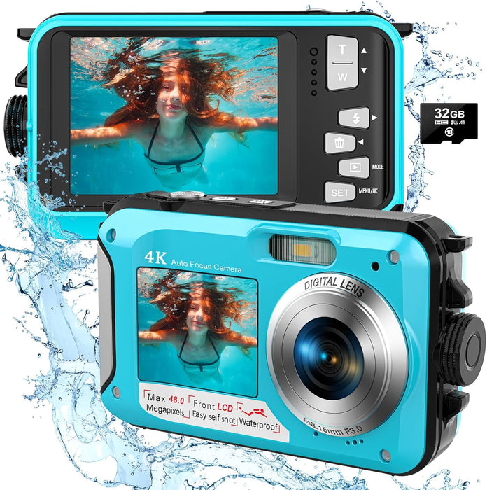 4K Underwater Camera with 32GB Card 1250mAh Battery 48MP Autofocus 11FT Waterproof Camera Dual-Screen Selfie 16X Underwater Camera for Snorkeling Waterproof Floatable Digital Camera