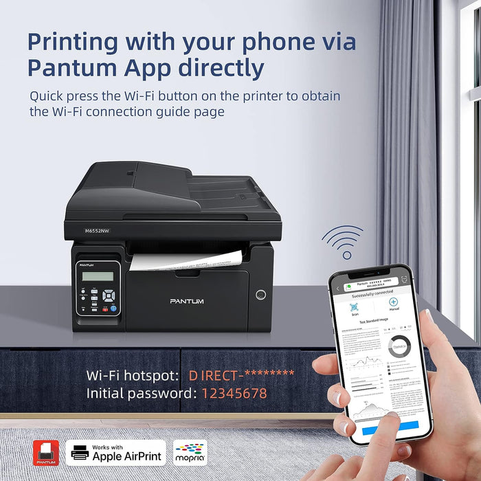 Pantum M6552NW All in One Laser Printer Scanner Copier Wireless Monochrome Black and White Printer Home Office - Print Copy Scan, Speed Up to 23 ppm, 50-Sheet ADF, 150 Large Paper Capacity