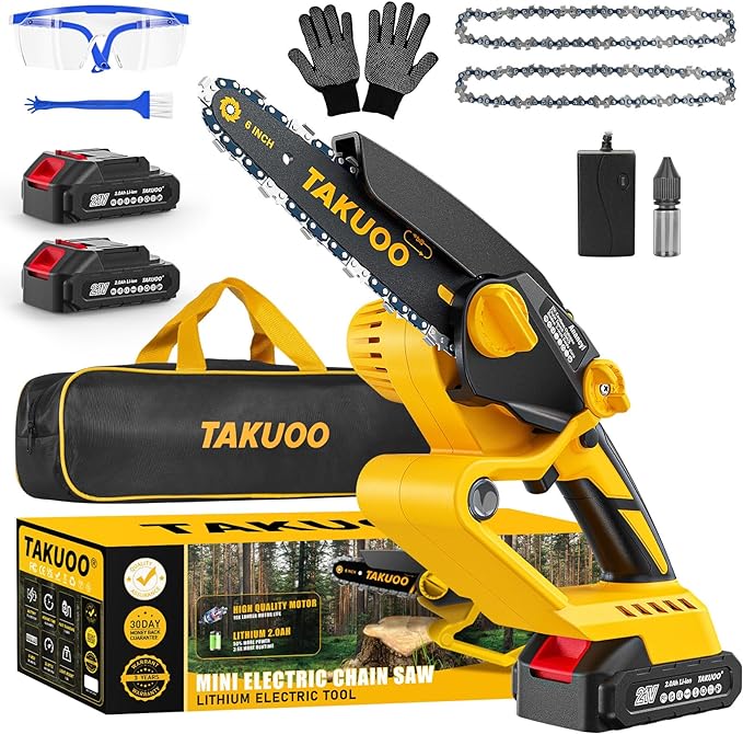 6 Inch mini Chainsaw Cordless, Electric Chain Saw, Handheld Mini Chainsaw, Battery Powered Cordless Saw, Pruning Saw, branch cutter, with 2 batteries + Automatic chain adjustment knob