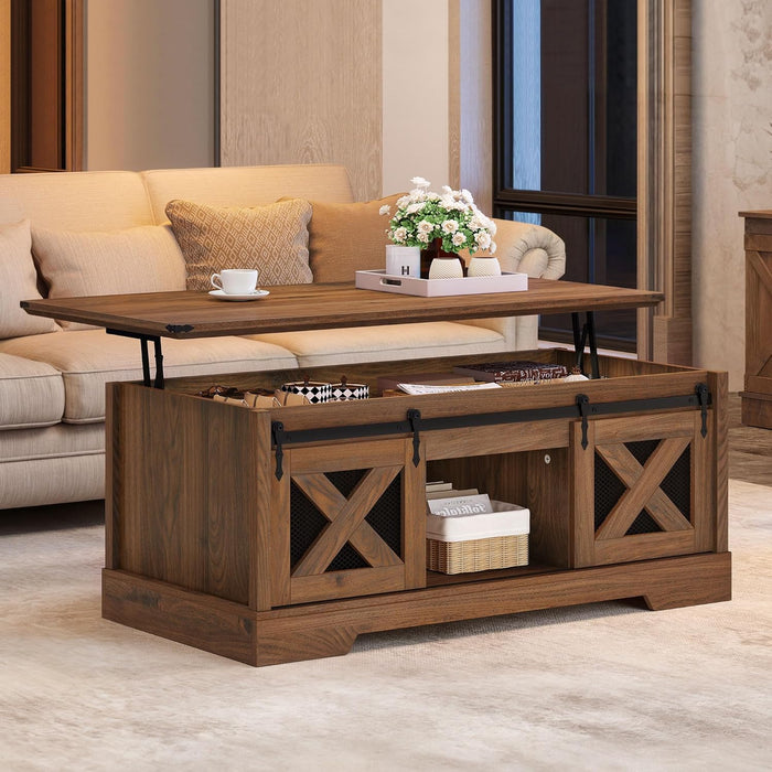 YITAHOME Lift Top Coffee Table, Farmhouse Coffee Table with Storage & Sliding Groove Barn Door, Coffee Tables for Living Room Center Table Rustic Wood Cocktail Table, Espresso