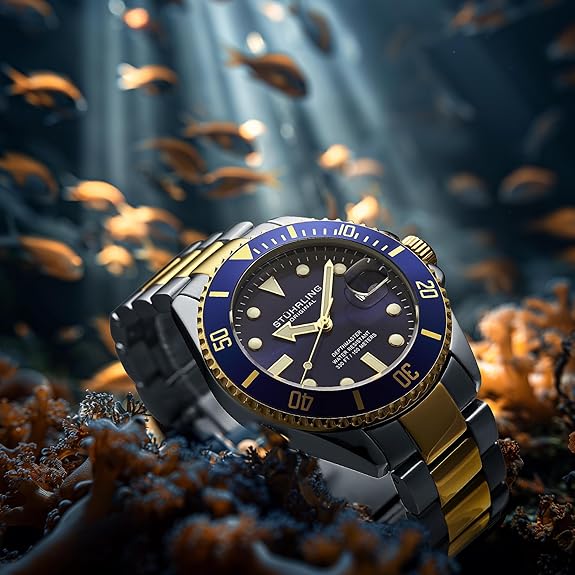 Stuhrling Original Men's Dive Watch, Swiss Movement, Stainless Steel, Blue Dial, Stainless steel Bracelet, 100M Water Resistant