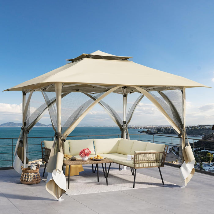 YITAHOME 13'x13' Pop Up Gazebo Double Roof Patio Gazebo, Outdoor Portable Canopy Instant Tent with Netting for Lawn, Garden, Backyard and Deck, Beige