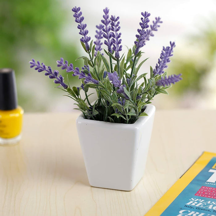 7.5 Inch Artificial Purple Lavender Decor Plants w/ Ceramic Mini Pots, Set of 3