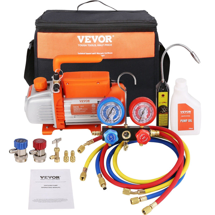 VEVOR 1/4 HP HVAC Vacuum Pump and Gauge Set 4.5 CFM Manifold Gauge Kit with Hose