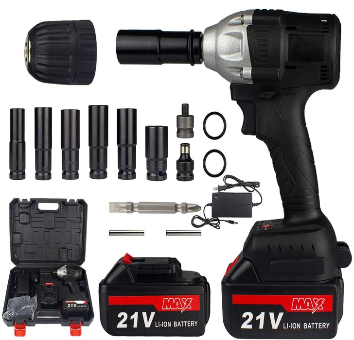 Cordless Electric Impact Wrench Gun 1/2'' Driver 520Nm/Li-ion Battery High Power