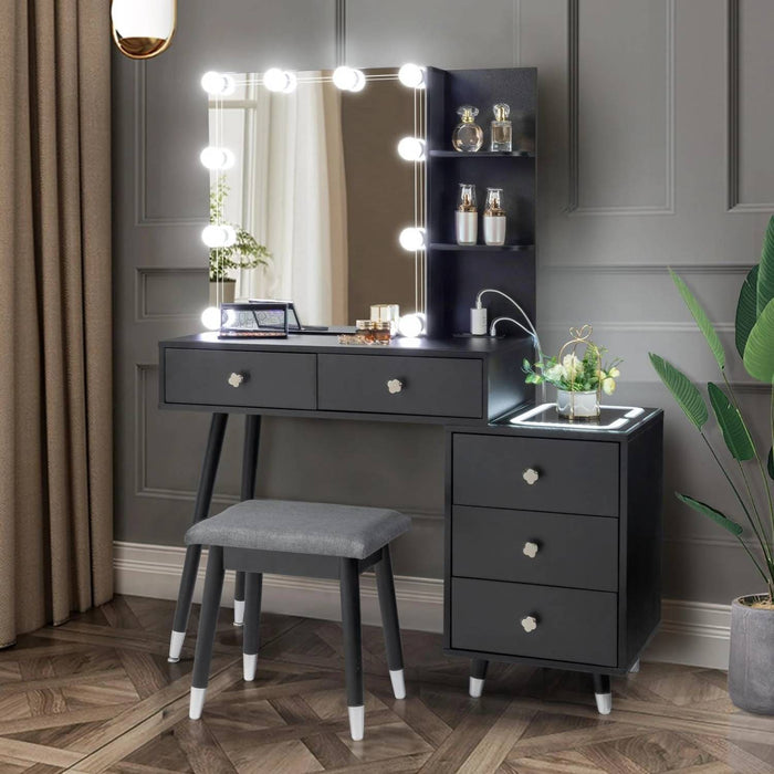 10 Lighted Mirror Vanity Makeup Dressing Table w/ LED Mirror Top Nightstand Set