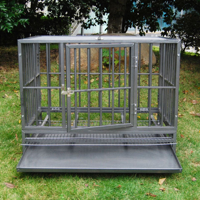 37" Gray Heavy Duty Dog Cage Strong Metal Crate Kennel Playpen w/ Wheels & Tray