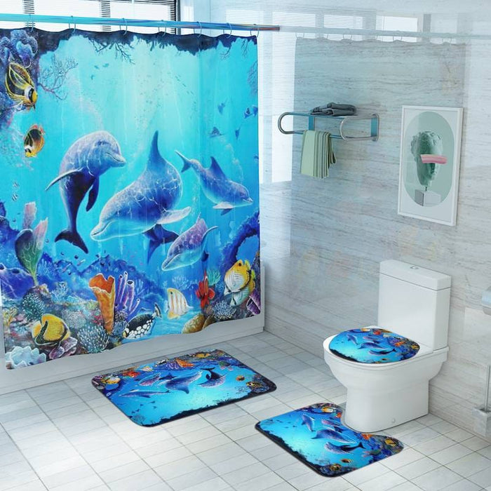 4pcs Sea Dolphins Shower Curtain Bathroom Rug Set Bath Toilet Cover Mat Non-Slip