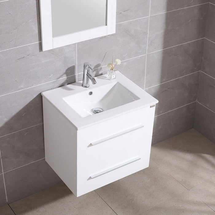 24" Bathroom Vanity Sink Set Wall Mount Floating Cabinet + Mirror & Faucet White