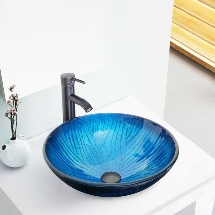 16.5" Blue Bathroom Tempered Glass Vessel Sink Faucet Oil rubbed Bronze W/ Drain