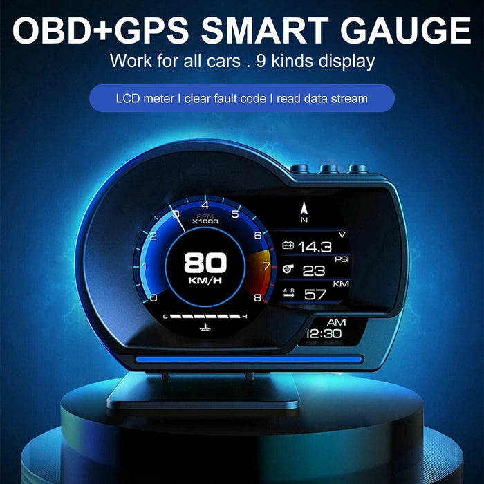 HUD OBD+GPS Gauge Head Up Car Digital Display Speedometer Turbo RPM Alarm Temp