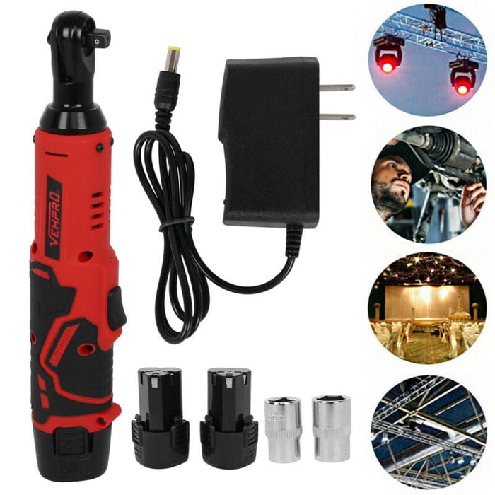 3/8" 45N.m 12V Cordless Electric Ratchet Wrench Kit Right Angle Tool + 2 Battery