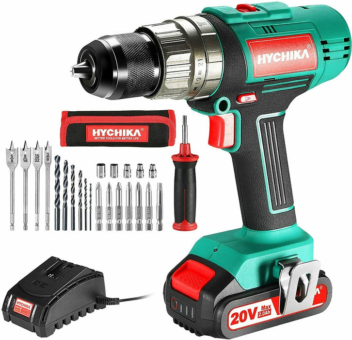 HYCHIKA Powerful Drill Cordless Drill 20V Max Auxiliary Handle 1*2.0AH Battery