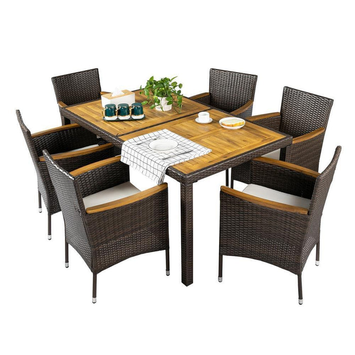7 PCS Wicker Outdoor Dining Set w/ Acacia Wood Table Patio Dining Set
