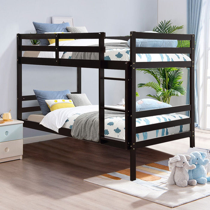 Twin Over Twin Wood Bunk Beds w/Ladder & Safety Rail Pine Wood Compact Espresso