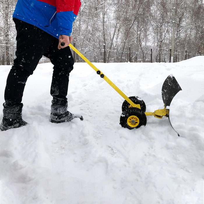 Snow Shovel with Wheels Heavy-Duty Metal Snow Pusher Adjustable Angle Handle