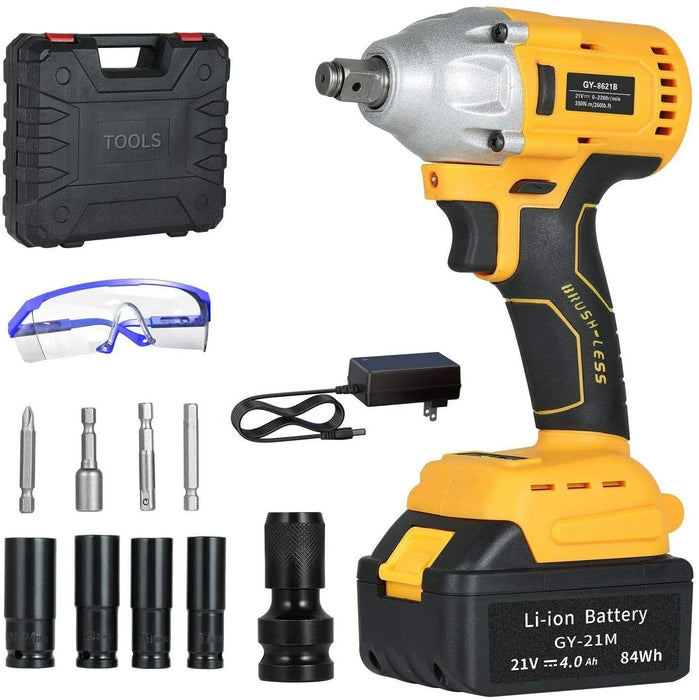 21V Max Power 4AH Li-ion Impact Wrench Cordless Brushless 1/2" 10PC Tool Kit