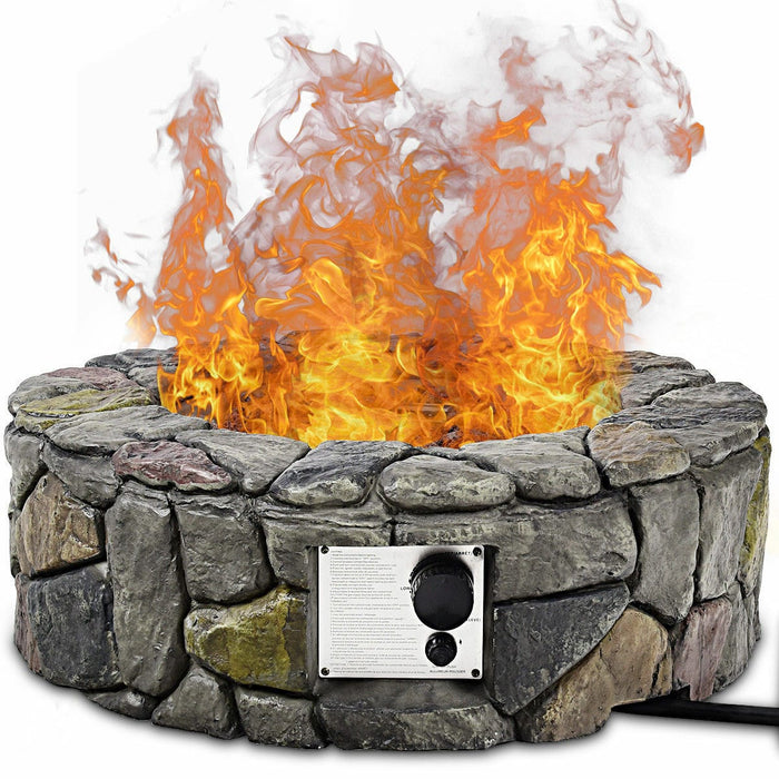 28" Propane Gas Fire Pit Outdoor 40,000 BTUs Stone Finish Lava Rocks Cover