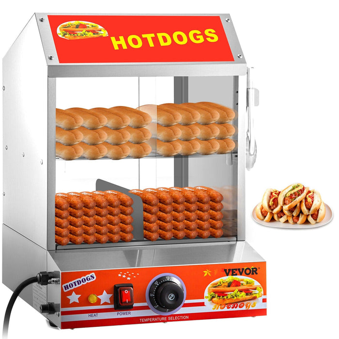 VEVOR 500W Commercial Hot Dog Steamer 2 Tier Electric Bun Warmer W/Slide Doors