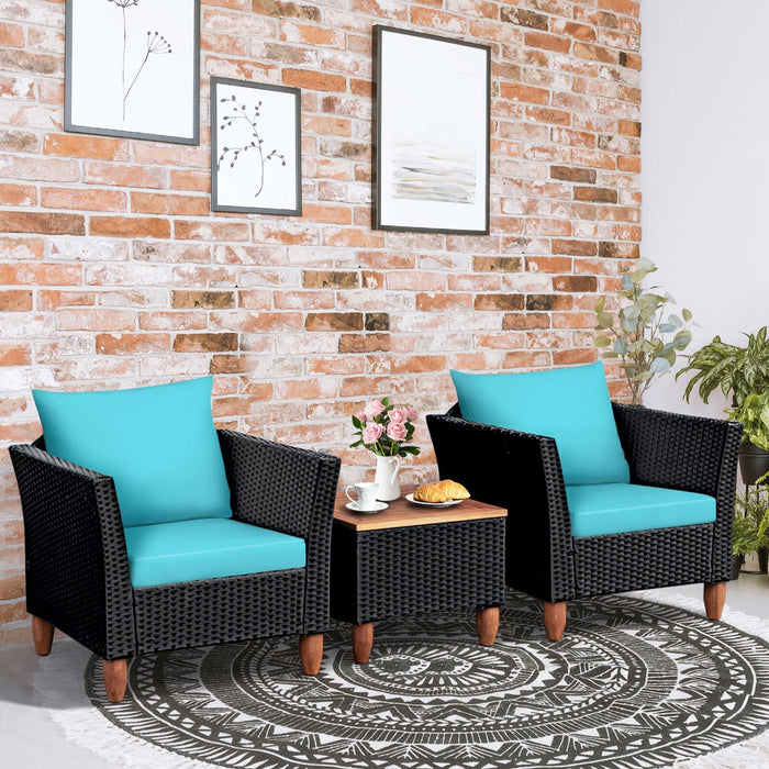 3PCS Patio Rattan Conversation Furniture Set Yard Outdoor w/ Turquoise Cushions