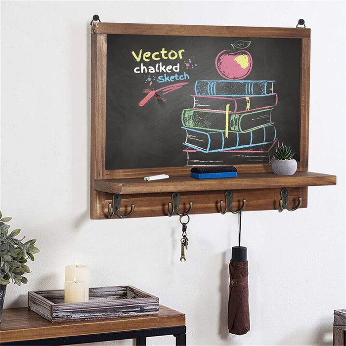 Wall Mounted Rustic Wood Chalkboard Sign with Storage Shelf & 8 Key Holder Hooks