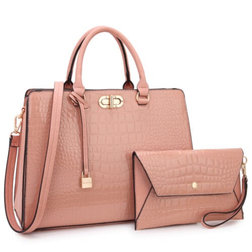 2Pcs Women's Handbag Fashion Faux Croco Leather Travel Satchel Purse with Wallet
