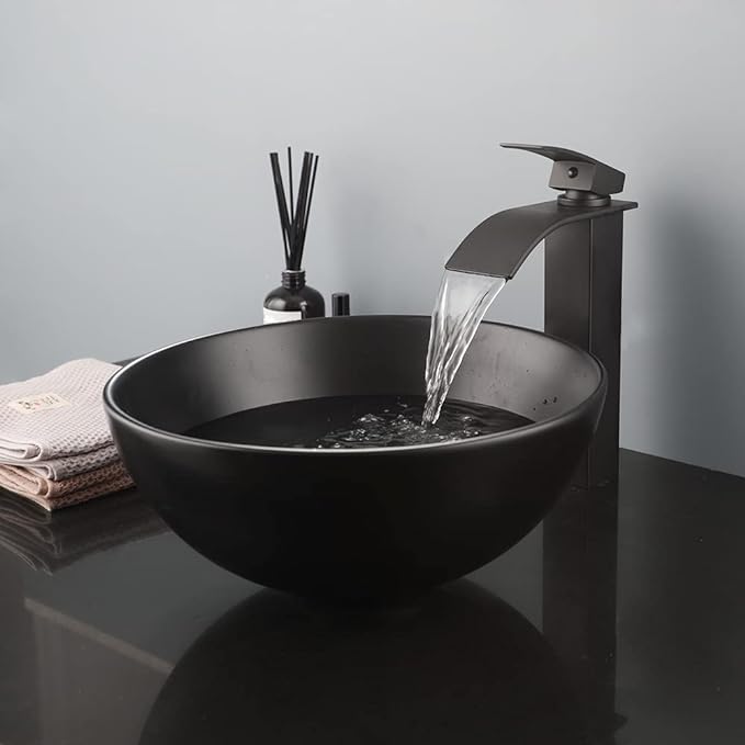 Bathroom Vessel Sink 13 Inch Black Ceramic Sink with Mixer Tap, Above Counter Round Bathroom Sink Bowl with Waterfall Faucet and Pop-Up Drain Combo