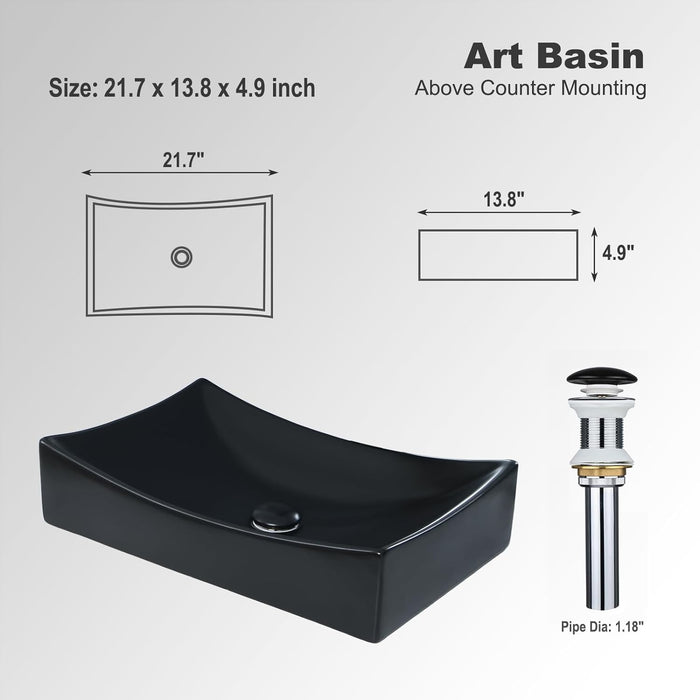 bathivy 22"x14" Matte Black Rectangle Vessel Sink with Pop up Drain, Above Counter Bathroom Sink, Rectangular Bathroom Vessel Sink, Ceramic Vessel Sink, Vessel Sink for Bathroom, Black Countertop Sink