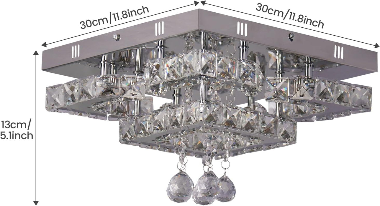 CXGLEAMING 11.8" Modern Crystal Chandelier LED Flush Mount Ceiling Light Fixture 4 Petals/Raindrop Ball Square Chandeliers for Bedroom Living Room Hallway (Cool White)