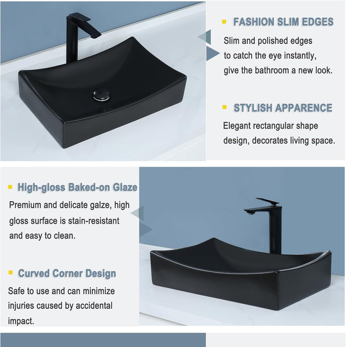 bathivy 22"x14" Matte Black Rectangle Vessel Sink with Pop up Drain, Above Counter Bathroom Sink, Rectangular Bathroom Vessel Sink, Ceramic Vessel Sink, Vessel Sink for Bathroom, Black Countertop Sink