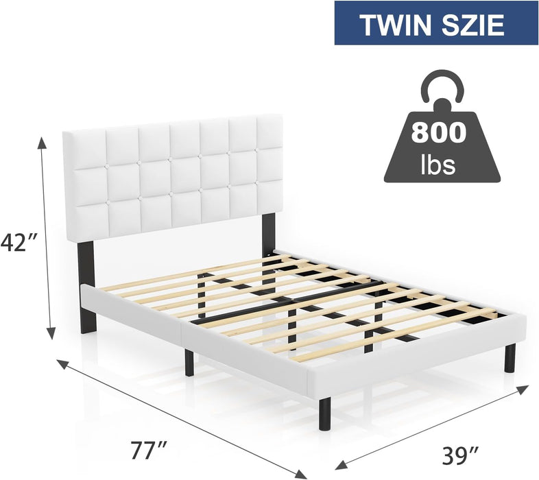 Twin Bed Frame with Headboard, Upholstered Platform Bed, Strong Weight Capacity, Wooden Slats Support and Noise-Free, No Box Spring Needed, Easy Assembly, White