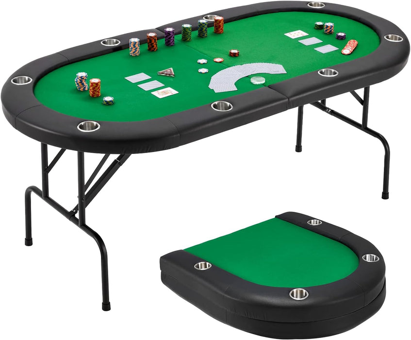 ECOTOUGE Poker Table Foldable, 8 Players Gaming Table w/Stainless Cup Holder & Portable Storage Bag, Folding Oval Blackjack Table for Texas Casino Leisure Game, No Assembly Required, Green