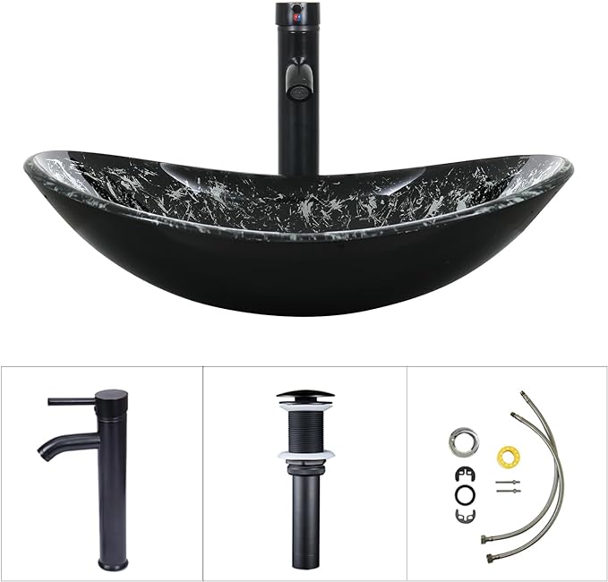 Boat Shape Bathroom Artistic Tempered Glass Vessel Sink with Chrome Faucet Chrome Pop-up Drain, Black