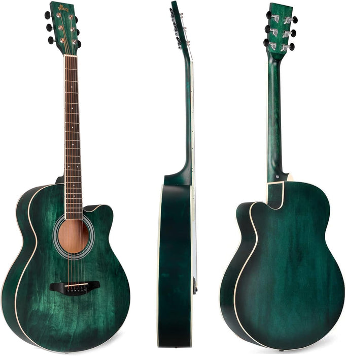 WINZZ HAND RUBBED Series - 40 Inches Cutaway Acoustic Acustica Guitar Beginner Starter Bundle with Online Lessons, Padded Bag, Stand, Tuner, Pickup, Strap, Picks, Dark Hunter Green