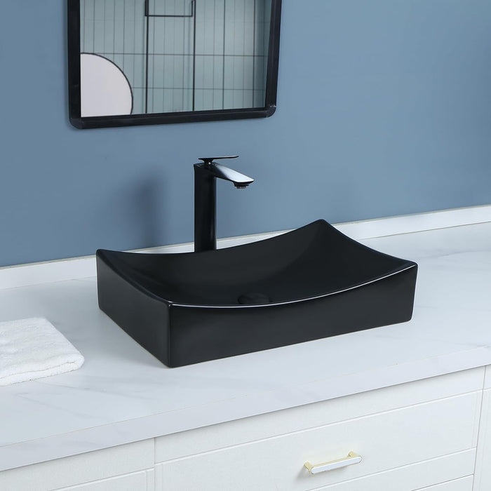 bathivy 22"x14" Matte Black Rectangle Vessel Sink with Pop up Drain, Above Counter Bathroom Sink, Rectangular Bathroom Vessel Sink, Ceramic Vessel Sink, Vessel Sink for Bathroom, Black Countertop Sink