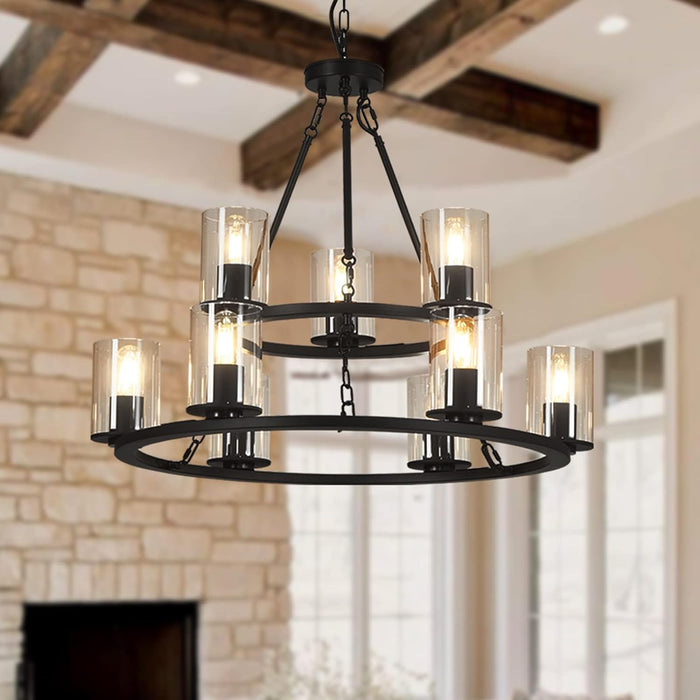 Wagon Wheel Chandelier, 9-Light Modern Round Dining Room Light Fixture, Farmhouse Black, 28.74in x 23.2in, for Bedroom Living Room Foyer Hallway Kitchen Indoor