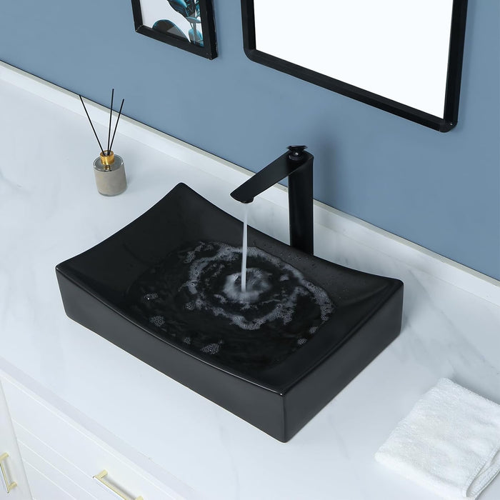 bathivy 22"x14" Matte Black Rectangle Vessel Sink with Pop up Drain, Above Counter Bathroom Sink, Rectangular Bathroom Vessel Sink, Ceramic Vessel Sink, Vessel Sink for Bathroom, Black Countertop Sink