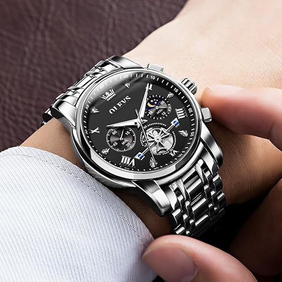 OLEVS Watch for Men Stainless Steel Chronograph Big Face Easy to Read Analog Quartz Watches Luxury Waterproof Date Diamond Roman Arabic Numerals Dial Dress Wrist Watches