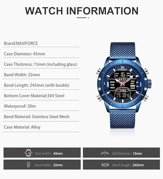 NAVIFORCE Digital Watch Men Waterproof Sports Watches Stainless Steel Military Quartz Clock Wristwatch