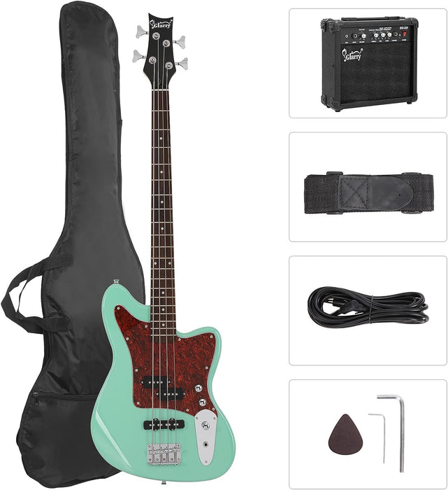 GLARRY 4 String Electric Bass Guitar Beginner Kit w/20w Amp, Red Pearl Guard Full Size Bass with Digital Tuner,Amp Cable, Strap, Bag and Accessories(Mint Green)