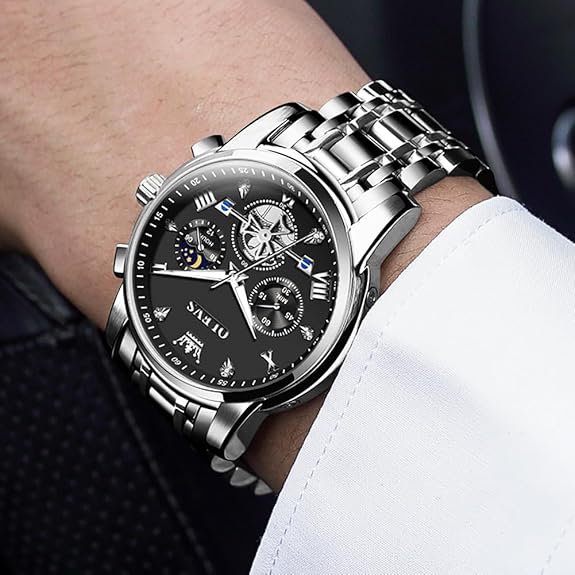 OLEVS Watch for Men Stainless Steel Chronograph Big Face Easy to Read Analog Quartz Watches Luxury Waterproof Date Diamond Roman Arabic Numerals Dial Dress Wrist Watches